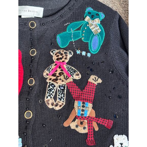 Vintage Susan Bristol Teddy Bear Applique Black Knit Cardigan Sweater Petite - Picture 10 of 13